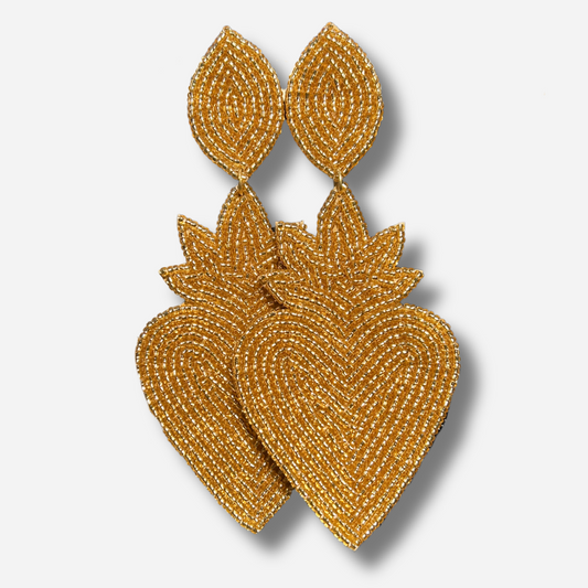 Boucles d'oreilles Cœur Sacré Gold Thelma & Nina brodées de perles dorées avec tige en plaqué or