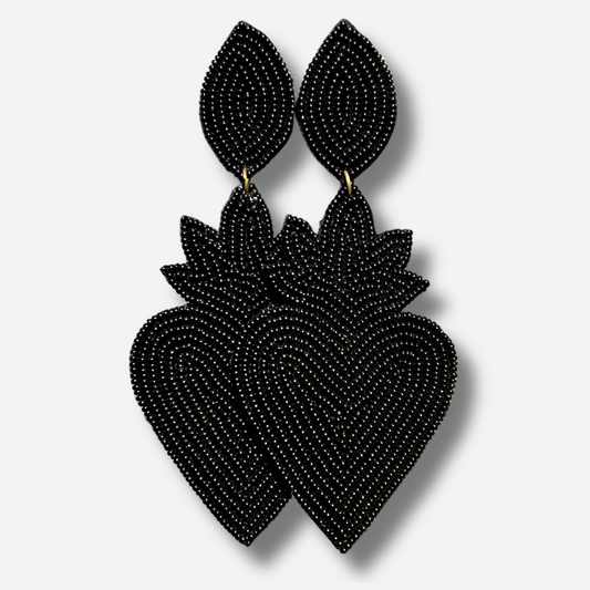 Boucles d'oreilles Cœur Sacré Noires Thelma & Nina brodées de perles noires avec tige en plaqué or