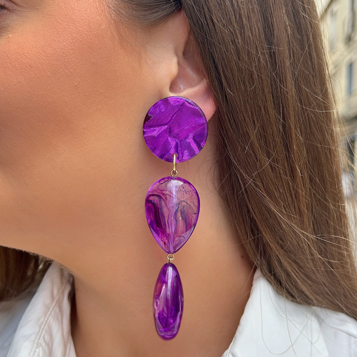 Boucles d’oreilles Cuba Double Violet à doubles gouttes Francine Bramli Paris
