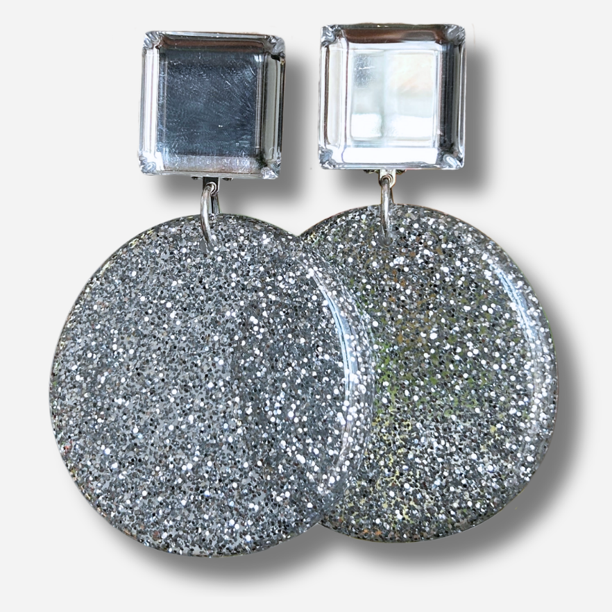 Boucles d’oreilles Deborah Silver Miroir argentées pailletées Francine Bramli Paris
