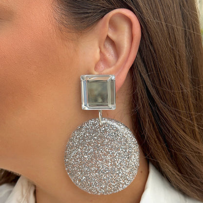Boucles d’oreilles Deborah Silver Miroir argentées pailletées Francine Bramli Paris

