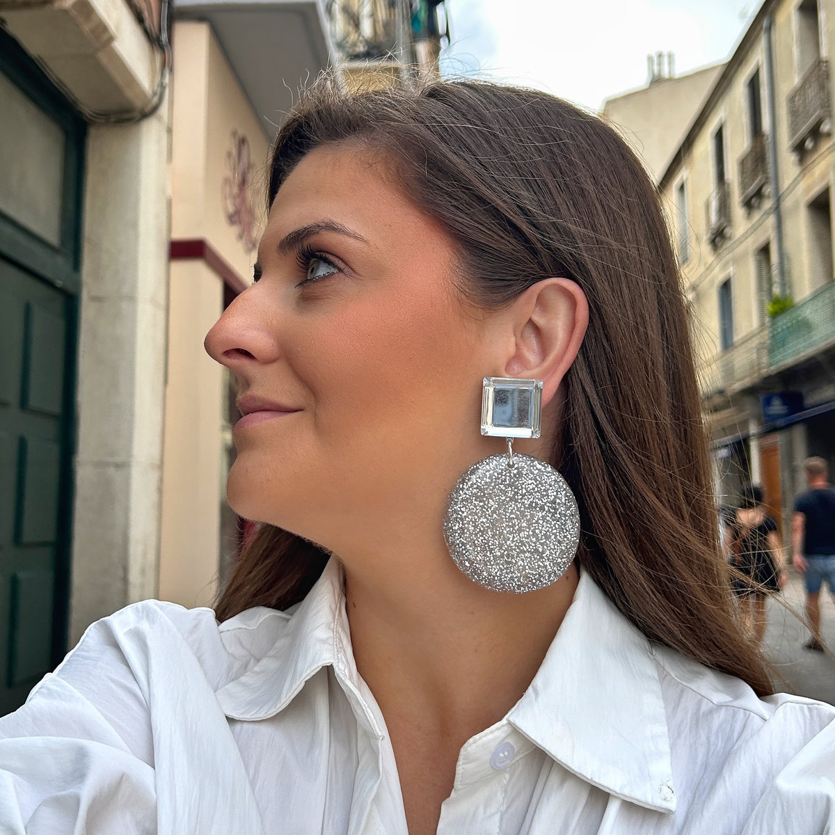 Boucles d’oreilles Deborah Silver Miroir argentées pailletées Francine Bramli Paris
