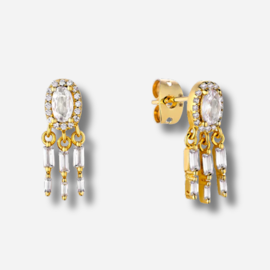 Boucles d’oreilles Dynasty River Mya Bay dorées pendantes serties de strass