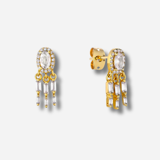 Boucles d’oreilles Dynasty River Mya Bay dorées pendantes serties de strass