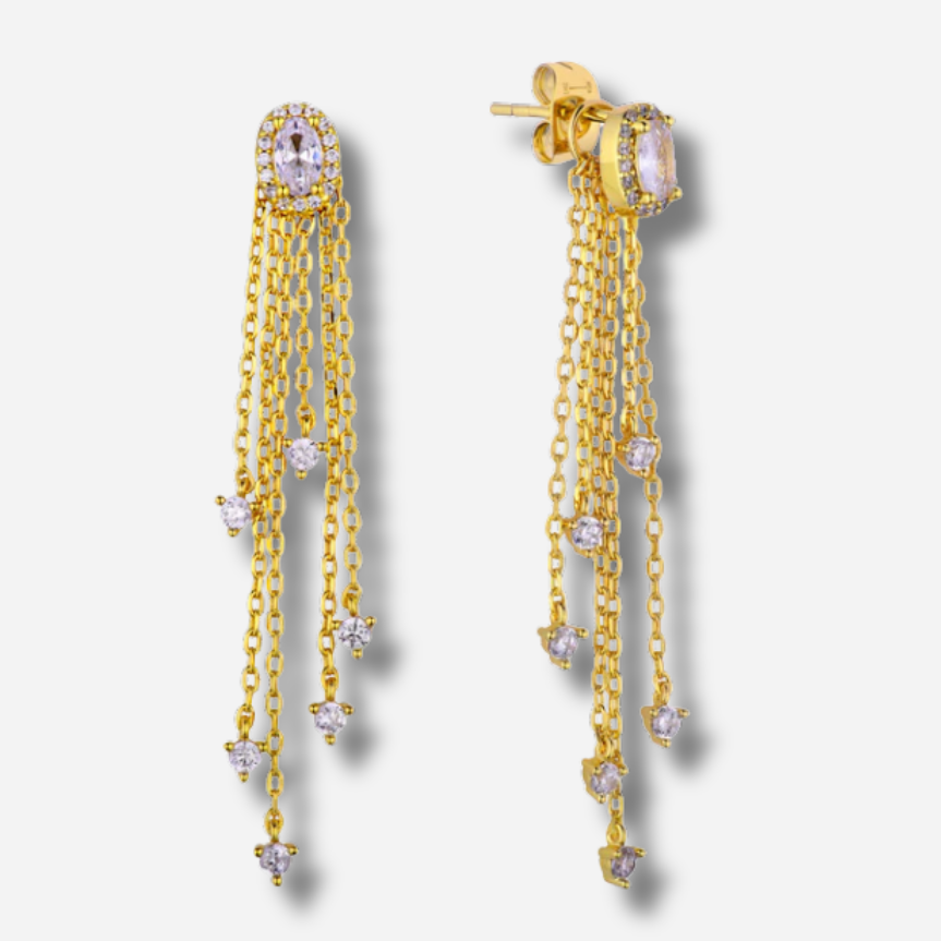 Boucles d’oreilles Dynasty Sienna Mya Bay pendantes dorées à chaînes serties de strass
