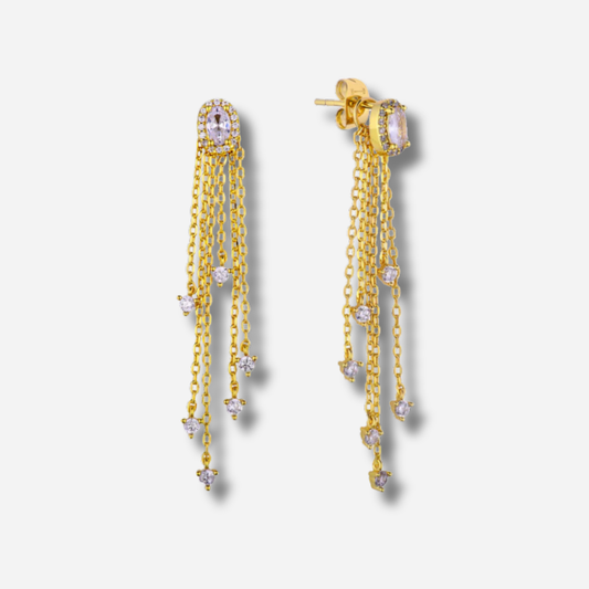 Boucles d’oreilles Dynasty Sienna Mya Bay pendantes dorées à chaînes serties de strass