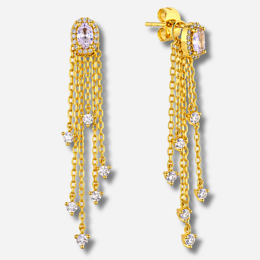 Boucles d’oreilles Dynasty Sienna Mya Bay pendantes dorées à chaînes serties de strass