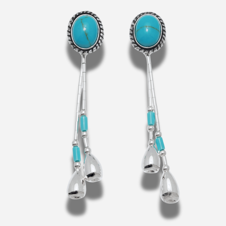 Boucles d’oreilles E343 Y Turquoise Harpo en argent massif avec cabochons de turquoise naturelle et pampilles mobiles en liquid silver.