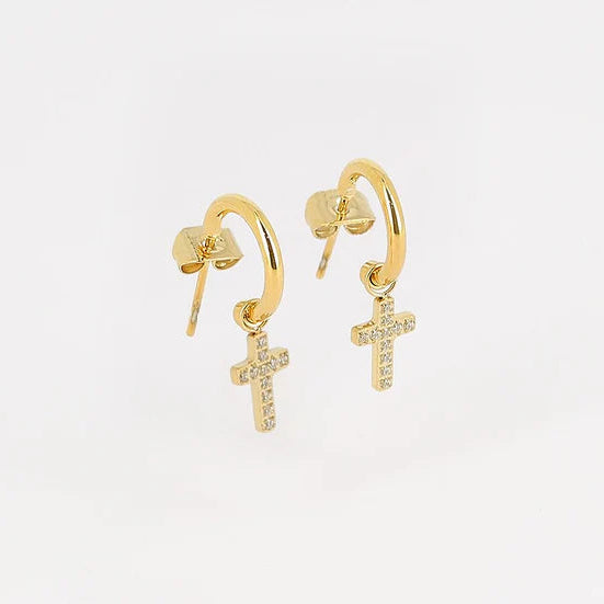 Boucles d’oreilles Evangelista ZAG en acier inoxydable doré avec pendentif croix pavé de zirconiums
