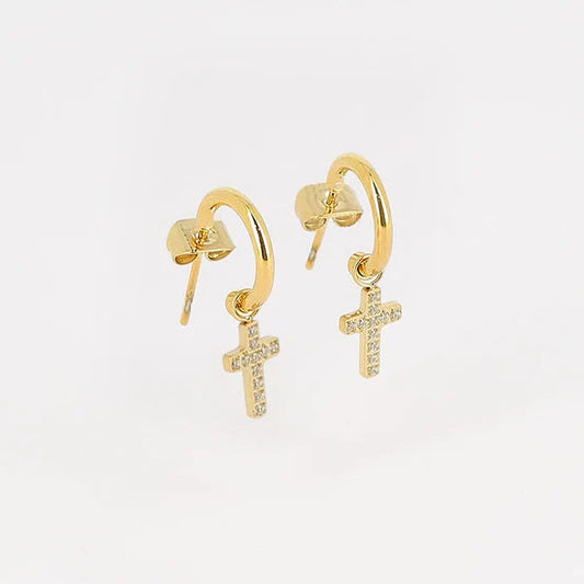 Boucles d’oreilles Evangelista ZAG en acier inoxydable doré avec pendentif croix pavé de zirconiums