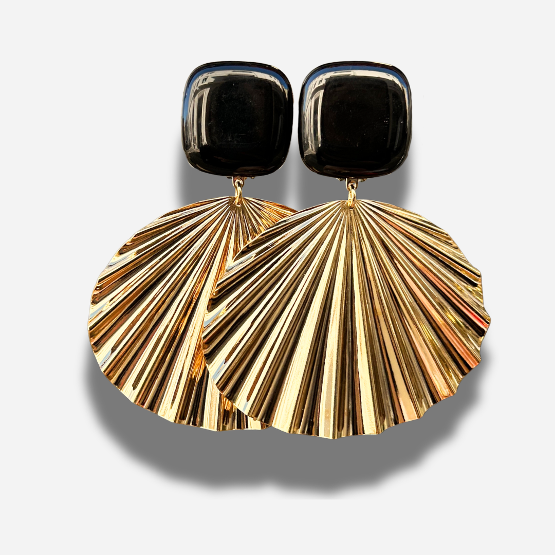 Boucles éventail doré noir Francine Bramli Paris grandes pendantes