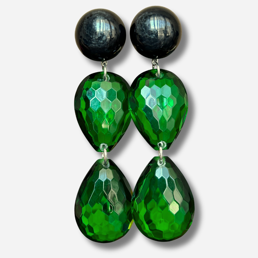 Boucles d’oreilles Goutte Cristal Vert Double facettées Francine Bramli Paris
