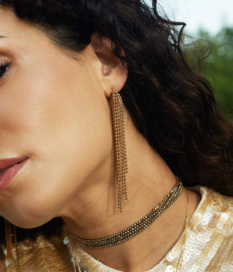 Boucles d’oreilles Judy ZAG en acier inoxydable doré avec longues chaînes perlées en cascade