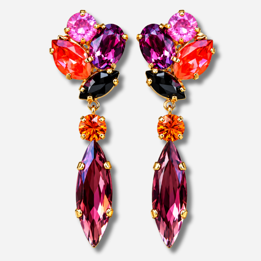 Boucles d’oreilles pendantes à clips Kalyx Figue Crézus avec cristaux violets, prune, roses et orange, longues navettes bordeaux et montures dorées – Divinity Sète