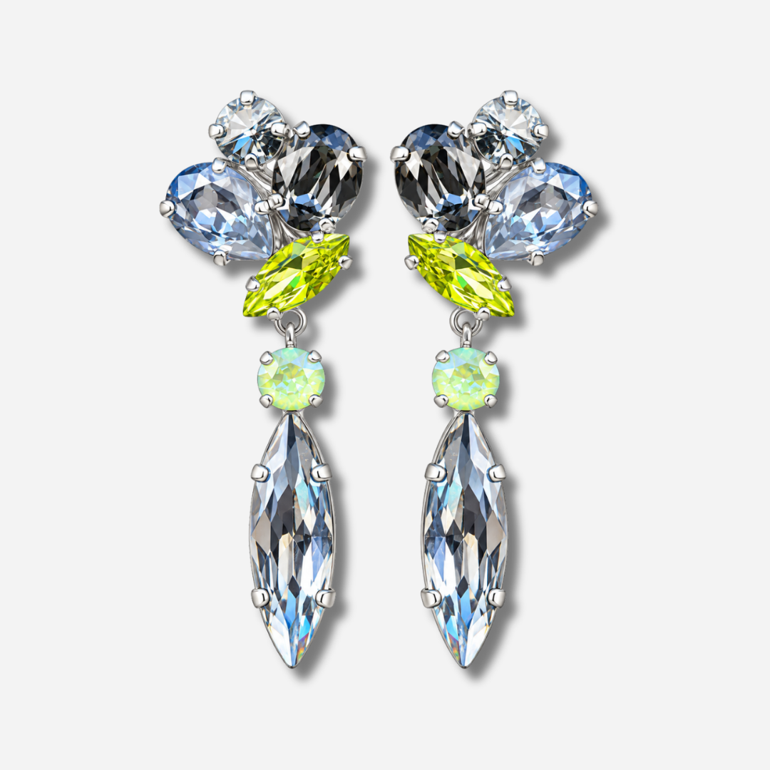 Boucles d’oreilles pendantes à clips Kalyx Silver Lime Crézus avec cristaux argentés, gris fumé et vert lime, longues navettes facettées et montures argentées – Divinity Sète