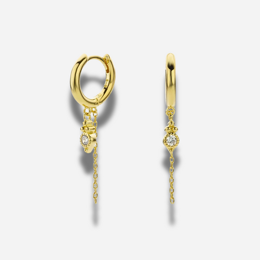 Boucles d’oreilles Kochi Mya Bay créoles dorées pendantes avec chaîne et strass