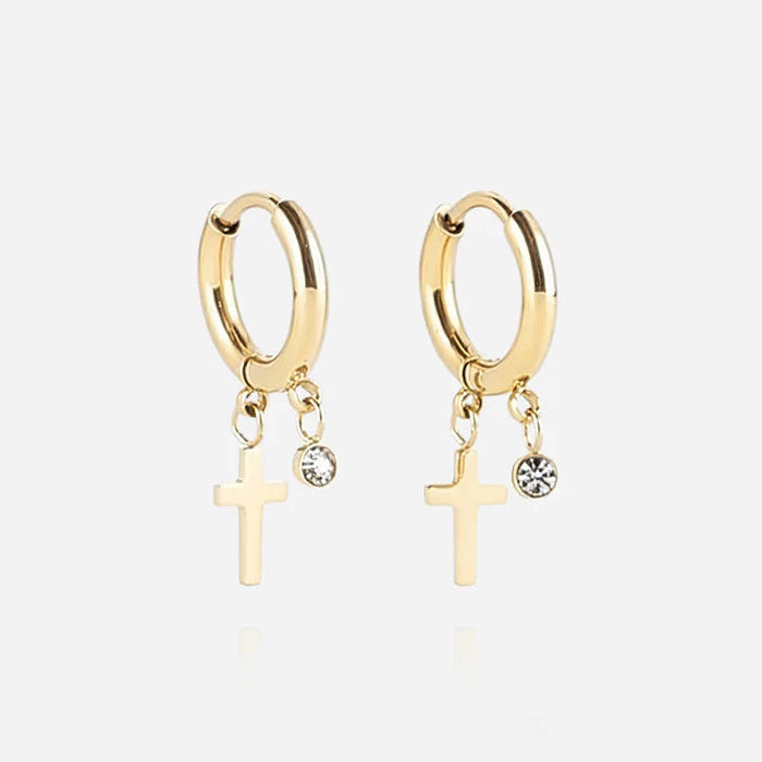 Boucles d’oreilles Lucky Spirit ZAG en acier inoxydable doré avec pendentif croix et zirconium