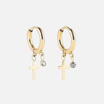 Boucles d’oreilles Lucky Spirit ZAG en acier inoxydable doré avec pendentif croix et zirconium