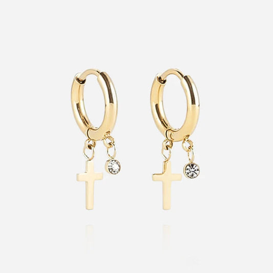 Boucles d’oreilles Lucky Spirit ZAG en acier inoxydable doré avec pendentif croix et zirconium