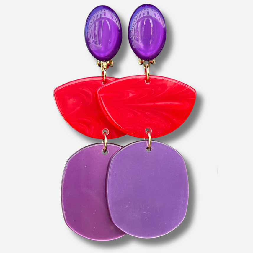 Boucles d’oreilles Luna XL rouge et violet Francine Bramli Paris
