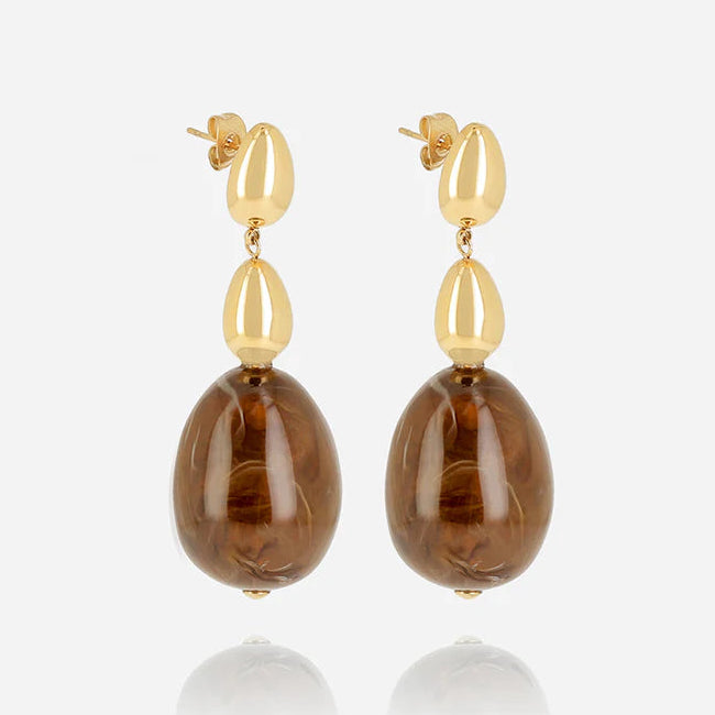 Boucles d’oreilles Lyah ZAG en résine marron marbrée et acier inoxydable doré