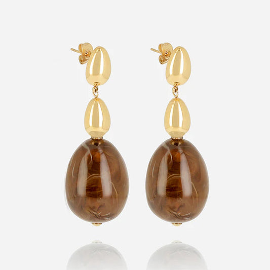 Boucles d’oreilles Lyah ZAG en résine marron marbrée et acier inoxydable doré