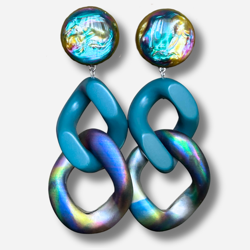 Boucles d’oreilles Maillons Arc-en-ciel Bleu irisé Francine Bramli Paris
