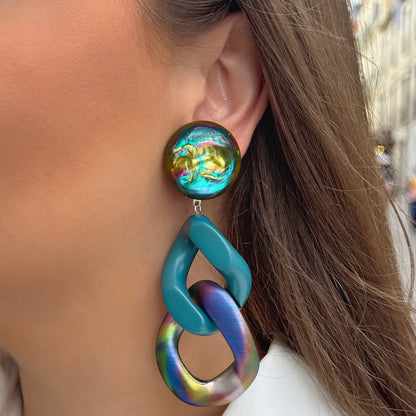 Boucles d’oreilles Maillons Arc-en-ciel Bleu irisé Francine Bramli Paris
