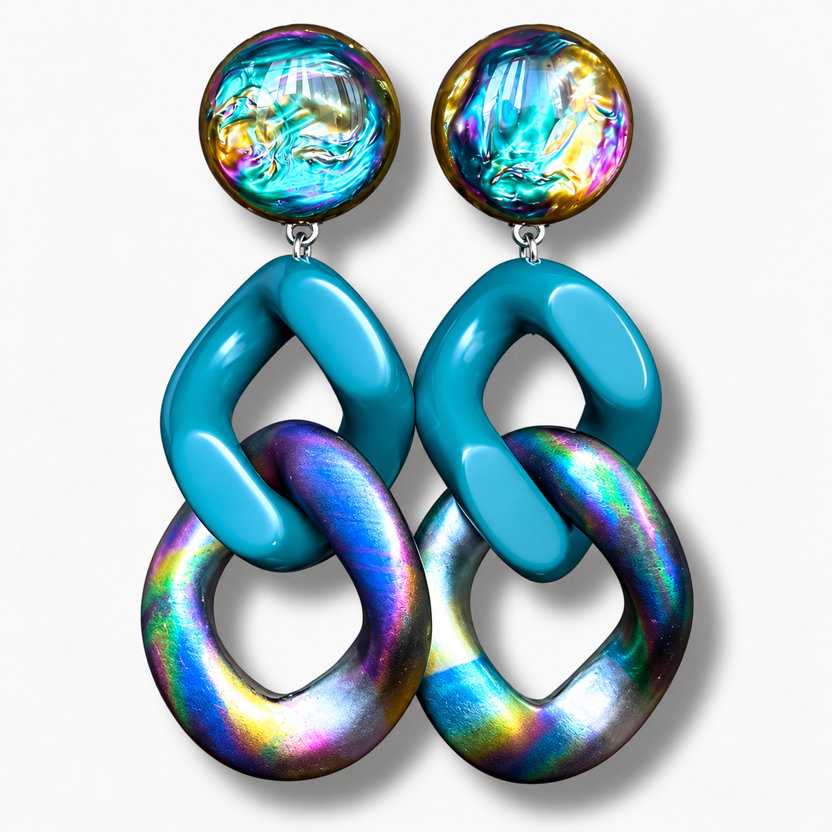 Boucles d’oreilles Maillons Arc-en-ciel Bleu irisé Francine Bramli Paris
