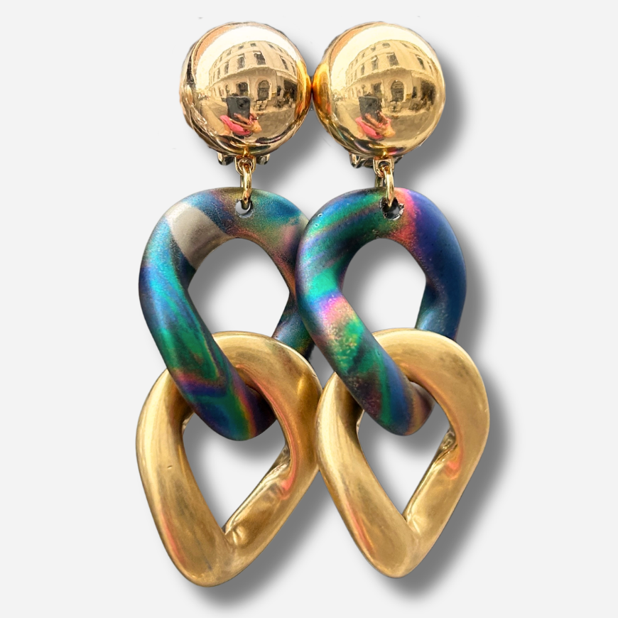 Boucles d'oreilles Maillons Arc-en-Ciel Doré Francine Bramli Paris multicolores et dorées

