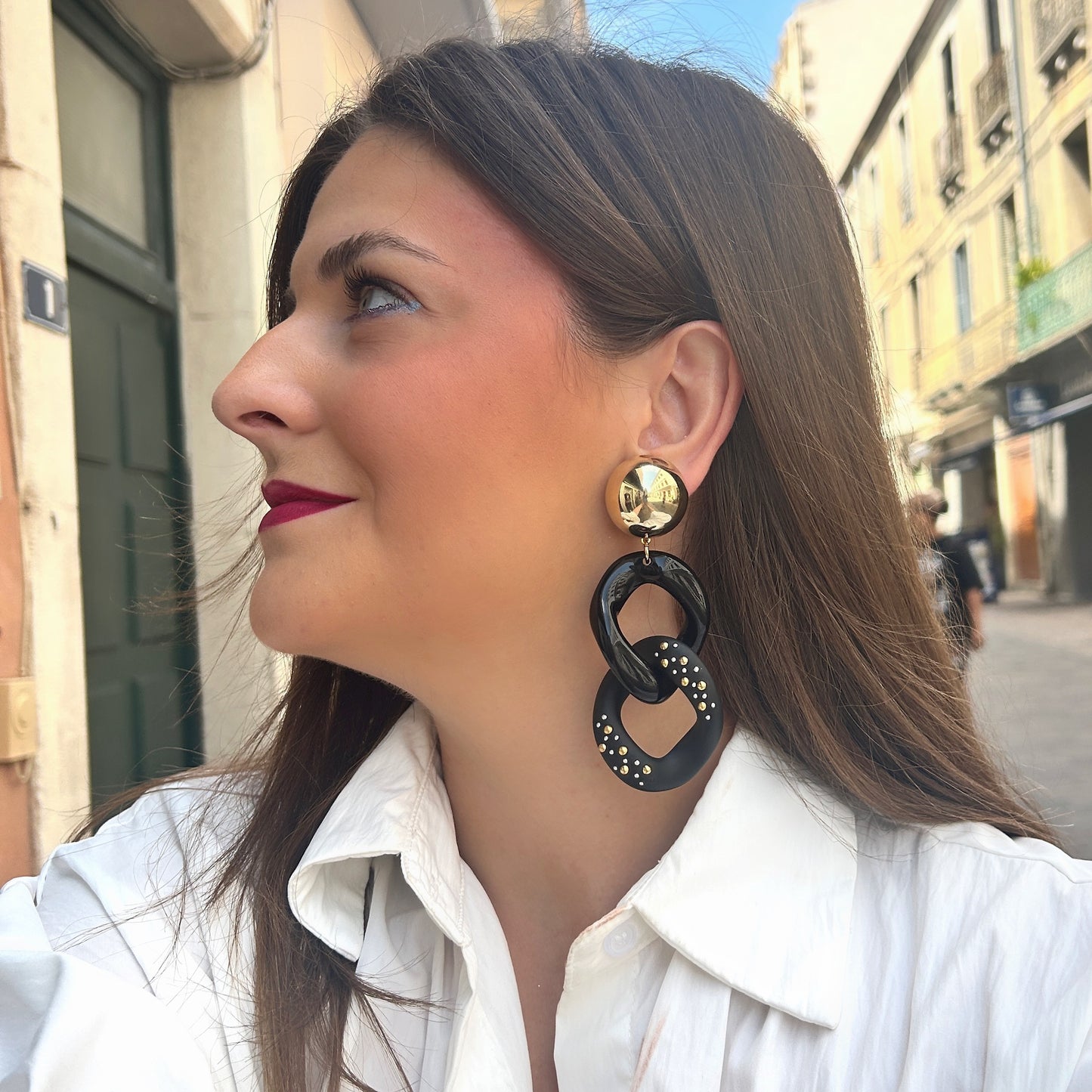 Boucles d’oreilles Maillons Clous Noir XL Francine Bramli Paris trois maillons
