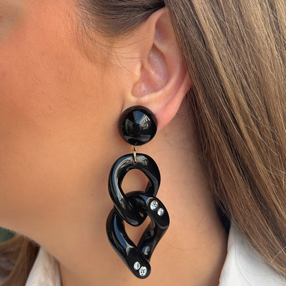 Boucles d’oreilles Maillons Strass Noir Francine Bramli Paris trois maillons
