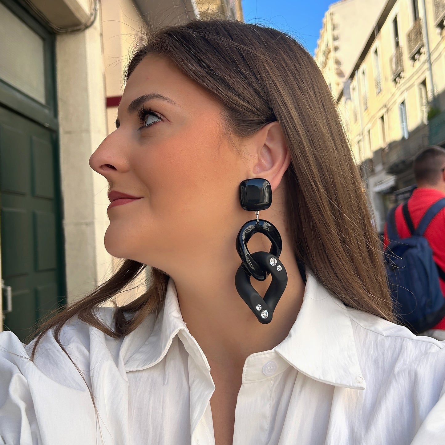 Boucles d’oreilles Maillons Strass Noir Mat Francine Bramli Paris
