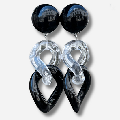 Boucles d’oreilles Maillons Strass noir transparent Francine Bramli Paris
