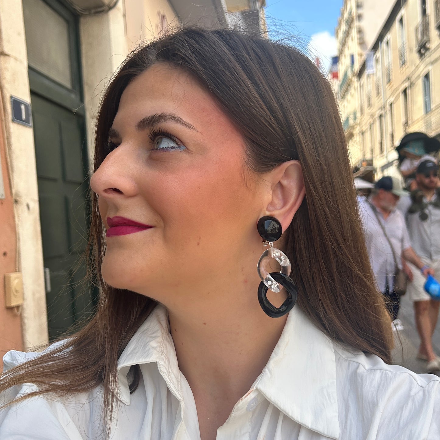 Boucles d’oreilles Maillons Strass noir transparent Francine Bramli Paris
