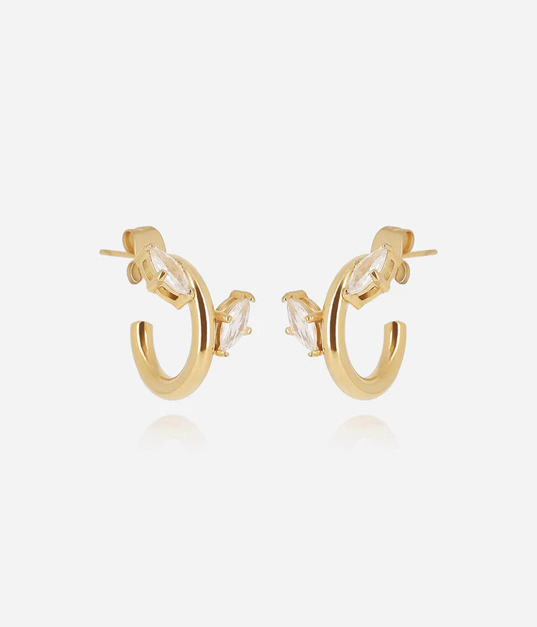 Boucles d’oreilles Mesagne Zag créoles dorées doubles avec chaîne et cristal