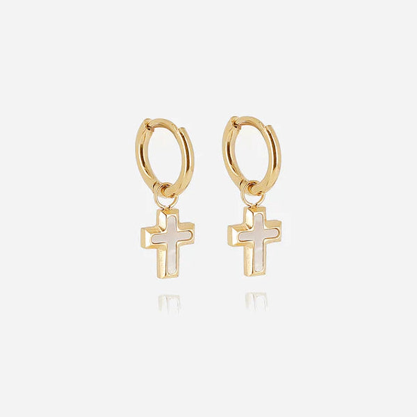 Boucles d’oreilles Olyde ZAG en acier inoxydable doré avec pendentif croix nacrée