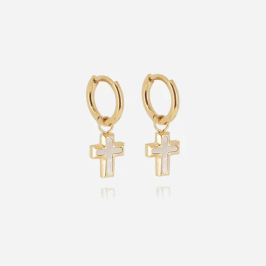 Boucles d’oreilles Olyde ZAG en acier inoxydable doré avec pendentif croix nacrée
