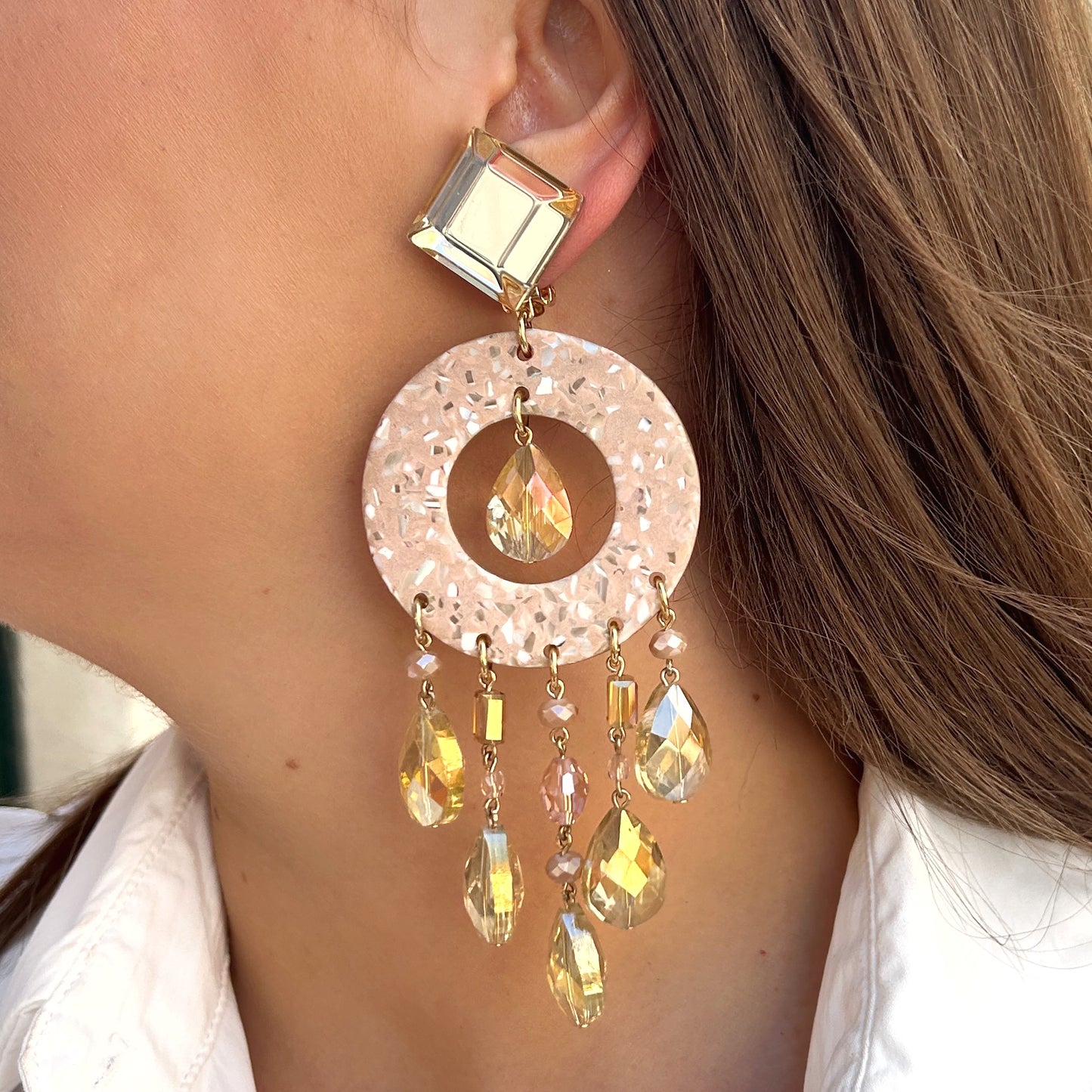 Boucles pampilles champagne Francine Bramli Paris doré et rosé