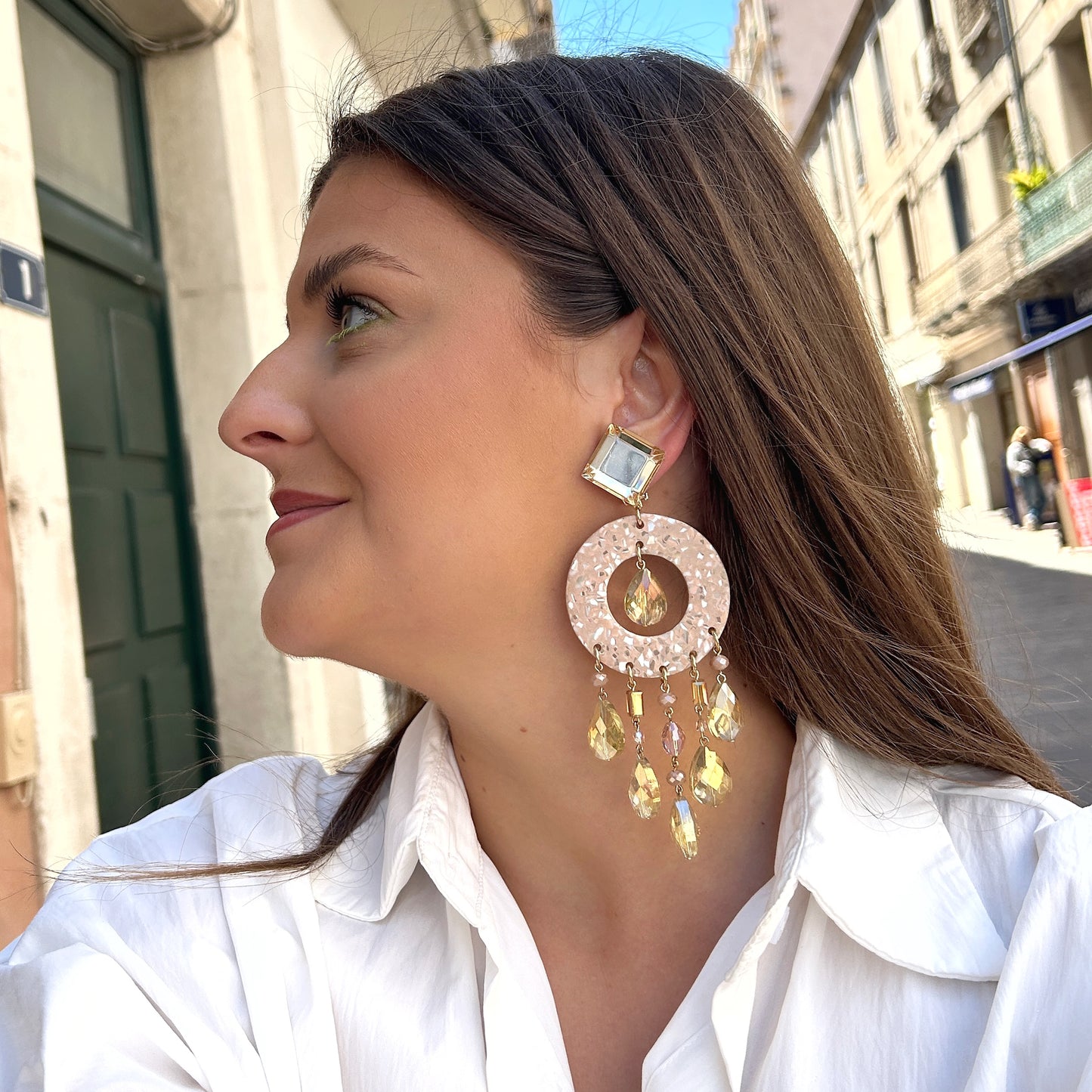 Boucles pampilles champagne Francine Bramli Paris doré et rosé