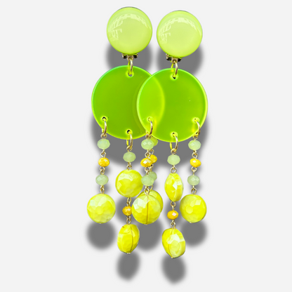 Boucles Pampilles jaune fluo Francine Bramli Paris pendantes perles