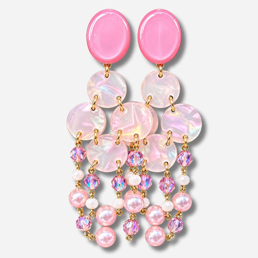 Boucles d’oreilles Pampilles Rose à clips Francine Bramli Paris, pastilles roses irisées et cascade de perles nacrées et cristaux facettés roses.