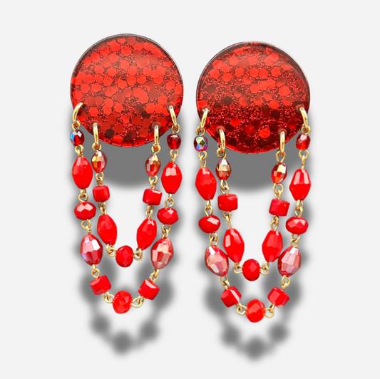 Boucles d’oreilles Pampilles rouges paillettes Francine Bramli Paris perles rouges