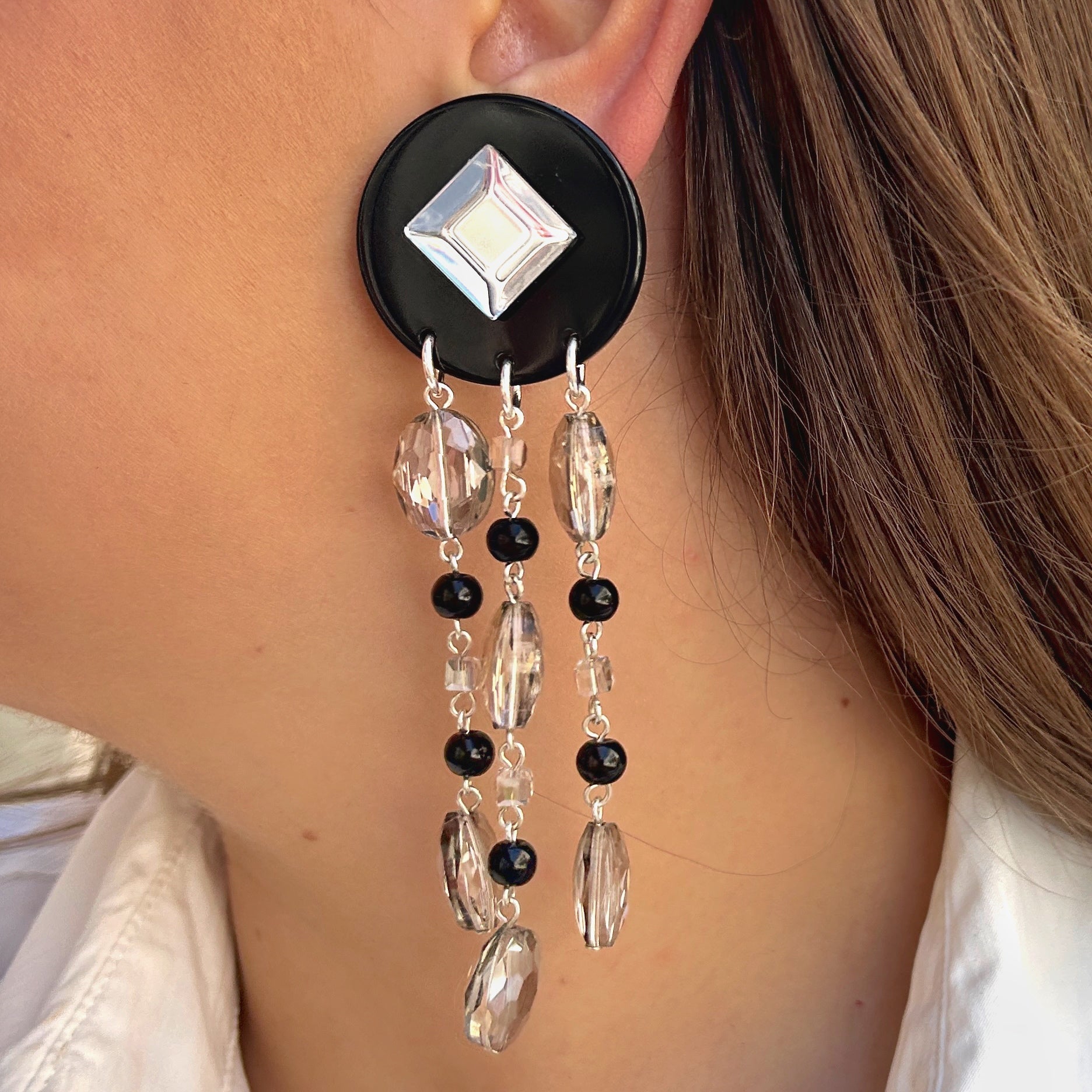 Boucles d’oreilles Pampilles strass noir argent Francine Bramli Paris cristal