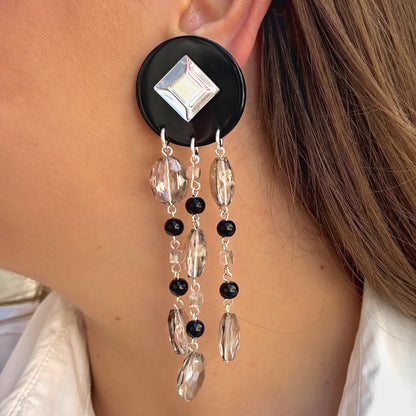 Boucles d’oreilles Pampilles strass noir argent Francine Bramli Paris cristal