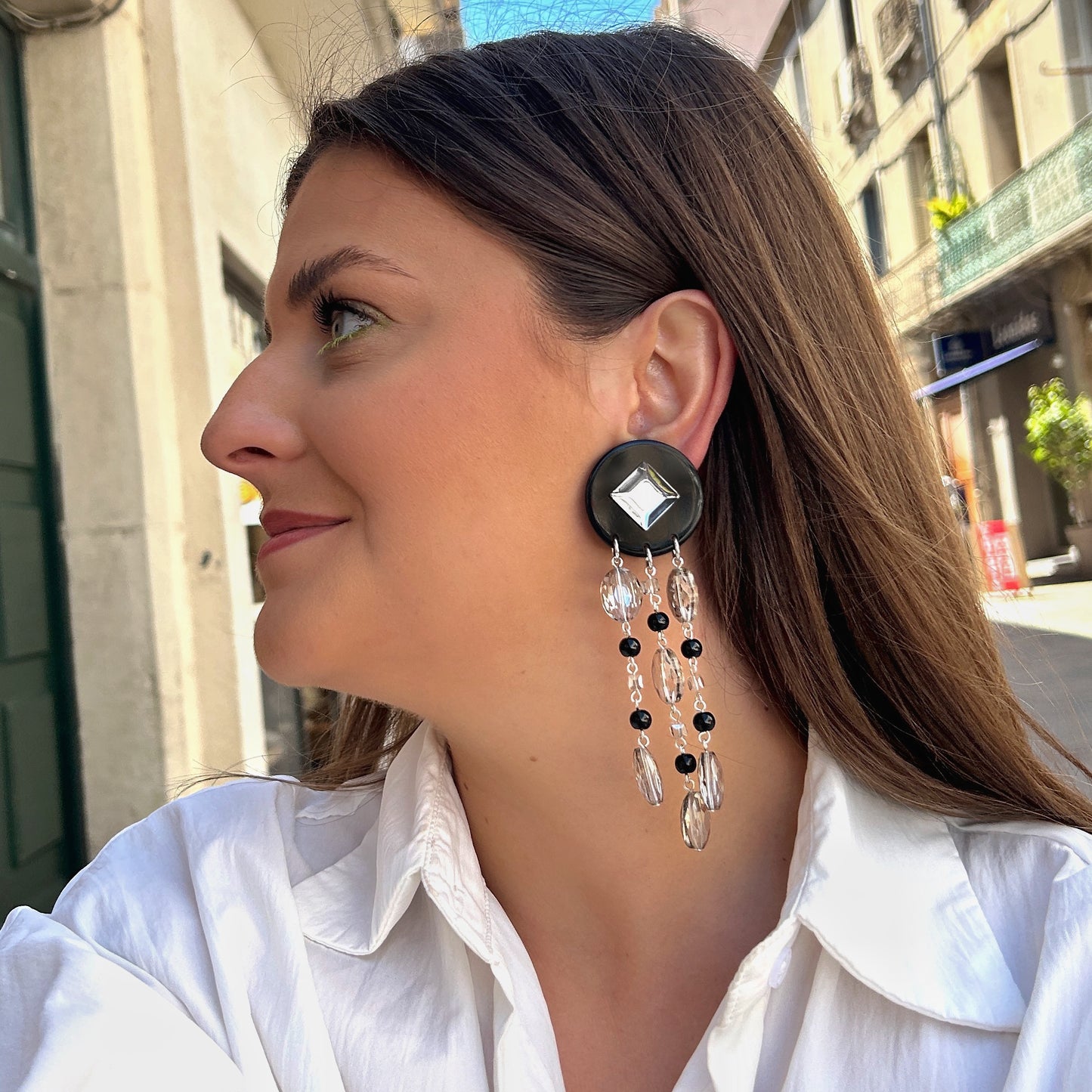Boucles d’oreilles Pampilles strass noir argent Francine Bramli Paris cristal