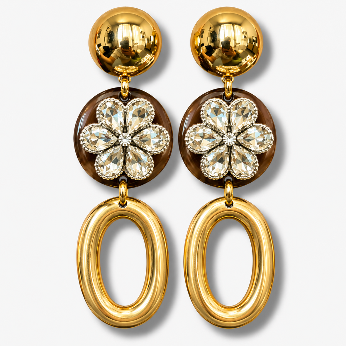 Boucles d’oreilles Phenix Fleur Gold Francine Bramli dorées avec fleur en strass
