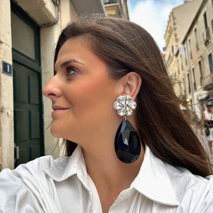 Boucles d’oreilles Phénix Fleur noires à cristaux Francine Bramli Paris
