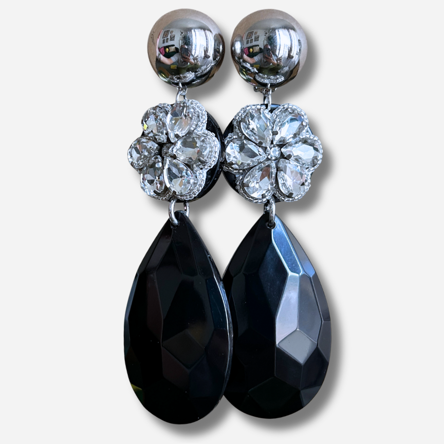Boucles d’oreilles Phénix Fleur Silver noires et cristaux Francine Bramli Paris
