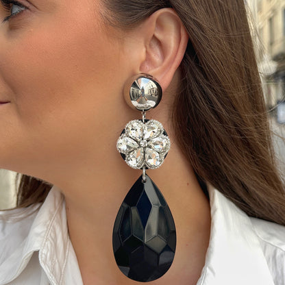 Boucles d’oreilles Phénix Fleur Silver noires et cristaux Francine Bramli Paris
